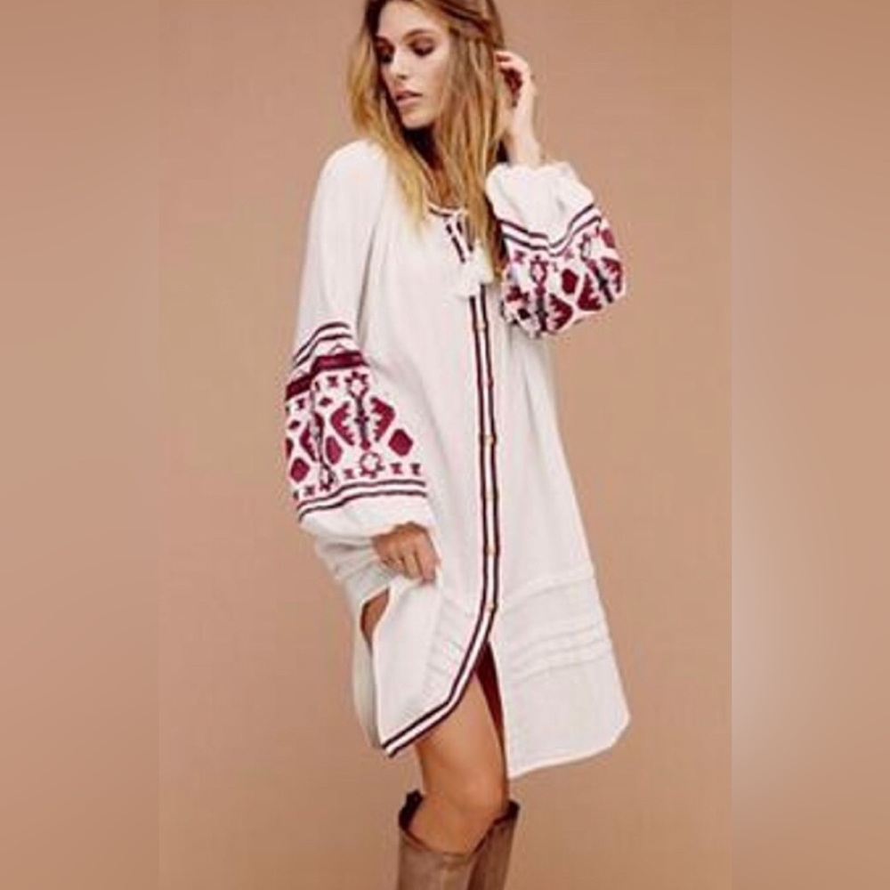 Free People White Midi Dress with Red Embroidered Sleeves